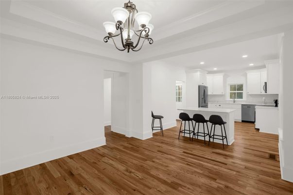 Chandelier, Interior, Kitchen, Recessed Lighting, Wood Texture Flooring