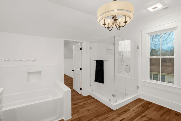 Bathroom, Chandelier, Glass Shower, Interior, Wood Texture Flooring