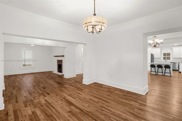 Chandelier, Empty room, Fireplace, Interior, Kitchen, Wood Texture Flooring