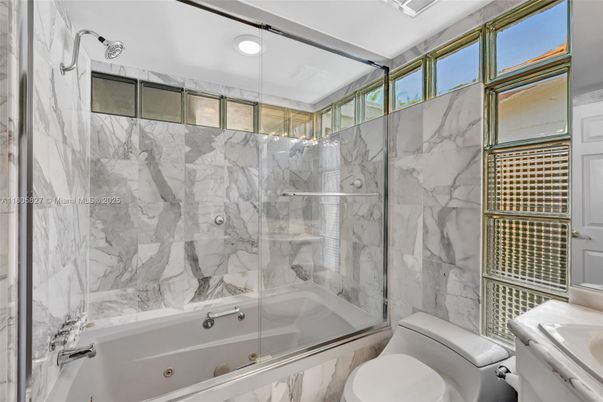 Bathroom, Glass Shower, Interior, Marble Walls, Recessed Lighting