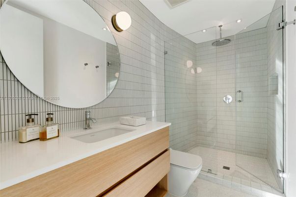 Bathroom, Glass Shower, Interior, Recessed Lighting, Wood Texture Flooring