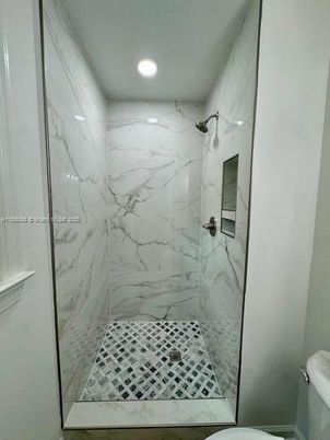 Bathroom, Glass Shower, Interior, Marble Walls, Recessed Lighting