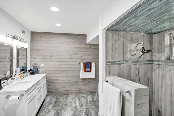 Bathroom, Interior, Marble, Recessed Lighting, Wooden Walls