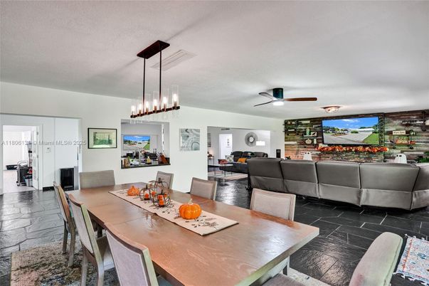 Dining room, Fireplace, Interior, Living room, Pendant Lights, Wood Texture Flooring