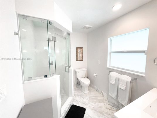 Bathroom, Glass Shower, Interior, Marble, Recessed Lighting