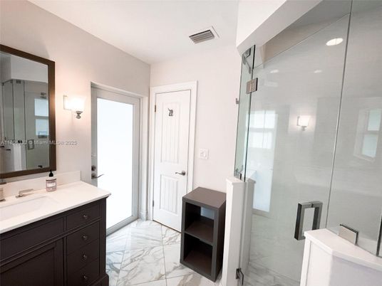 Bathroom, Glass Shower, Interior, Marble, Recessed Lighting