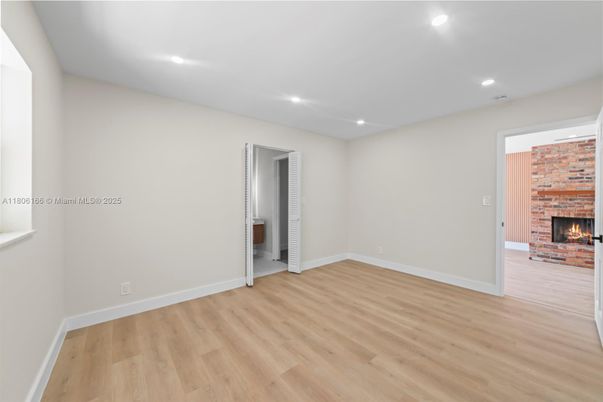 Empty room, Fireplace, Interior, Recessed Lighting, Wood Texture Flooring