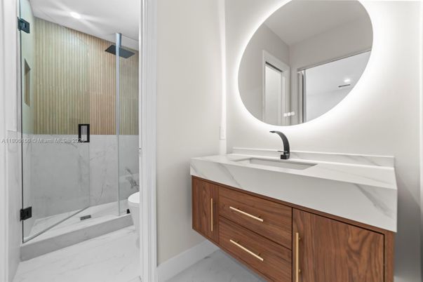 Bathroom, Glass Shower, Interior, Marble, Marble Walls, Recessed Lighting