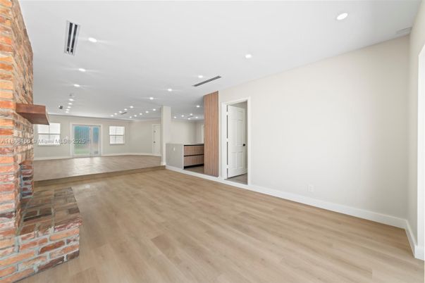 Empty room, Fireplace, Interior, Recessed Lighting, Wood Texture Flooring