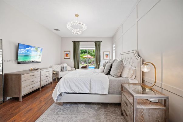 Bedroom, Chandelier, Interior, Wood Texture Flooring