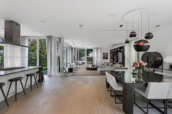 Dining room, Interior, Living room, Pendant Lights, Recessed Lighting, Wood Texture Flooring