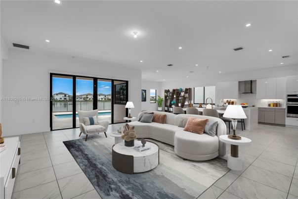 Dining room, Interior, Kitchen, Living room, Marble, Recessed Lighting, Stainless Steel Appliances, Water