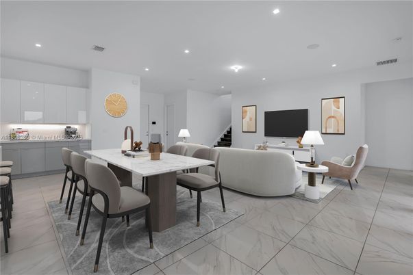 Dining room, Interior, Kitchen, Living room, Marble, Recessed Lighting