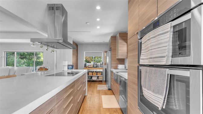 Interior, Kitchen, Recessed Lighting, Stainless Steel Appliances, Wood Texture Flooring