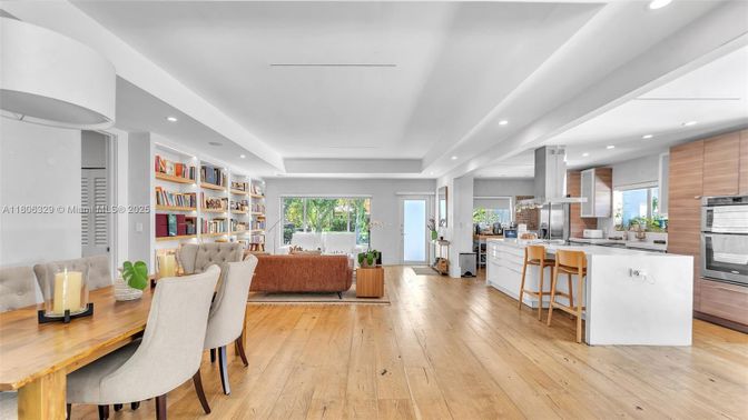 Dining room, Interior, Kitchen, Living room, Recessed Lighting, Stainless Steel Appliances, Wood Texture Flooring