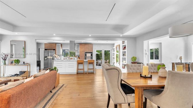 Dining room, Interior, Kitchen, Living room, Recessed Lighting, Wood Texture Flooring