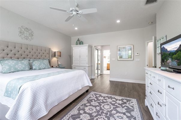 Bedroom, Interior, Recessed Lighting, Wood Texture Flooring