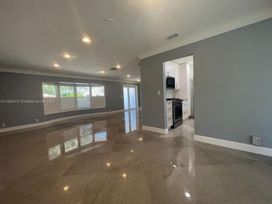 Empty room, Interior, Kitchen, Recessed Lighting, Stainless Steel Appliances