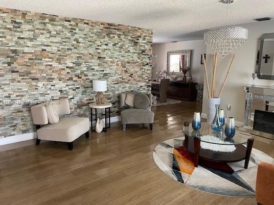 Chandelier, Interior, Living room, Stone Walls, Wood Texture Flooring