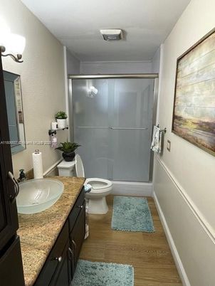 Bathroom, Glass Shower, Interior, Wood Texture Flooring