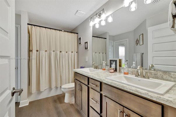 Bathroom, Dual Sink Vanities, Interior, Wood Texture Flooring