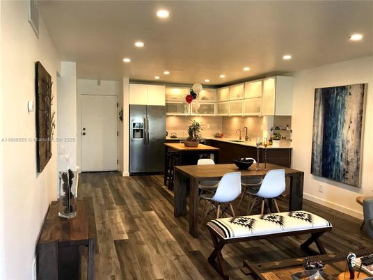 Dining room, Interior, Kitchen, Recessed Lighting, Stainless Steel Appliances, Wood Texture Flooring