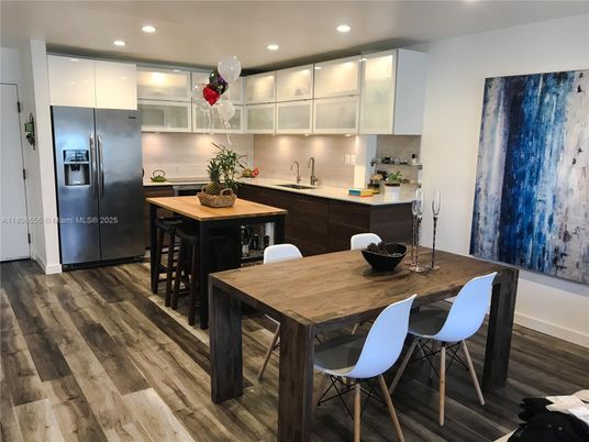 Dining room, Interior, Kitchen, Recessed Lighting, Stainless Steel Appliances, Wood Texture Flooring