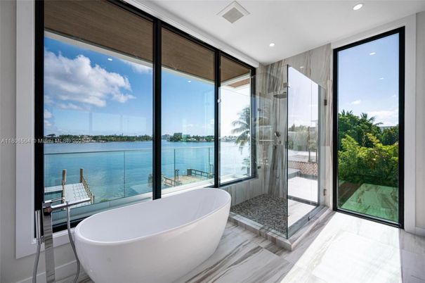 Bathroom, Free Standing Baths, Glass Shower, Interior, Marble, Recessed Lighting, Water
