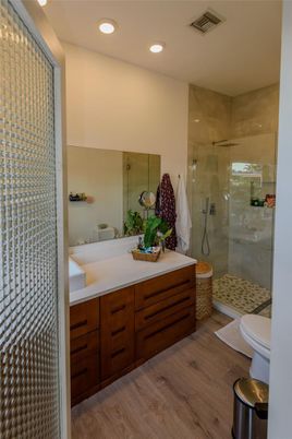 Bathroom, Glass Shower, Interior, Recessed Lighting, Wood Texture Flooring