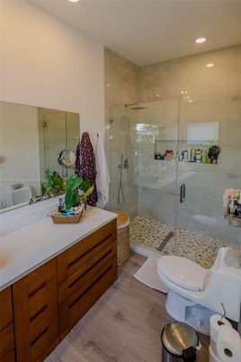 Bathroom, Glass Shower, Interior, Recessed Lighting, Wood Texture Flooring