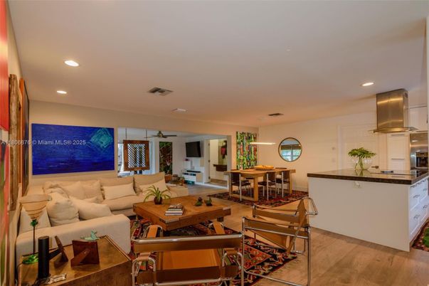 Dining room, Interior, Kitchen, Living room, Recessed Lighting, Stainless Steel Appliances, Wood Texture Flooring