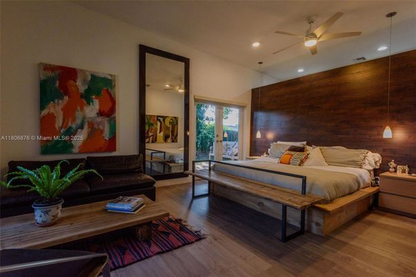 Bedroom, Interior, Pendant Lights, Recessed Lighting, Wood Texture Flooring