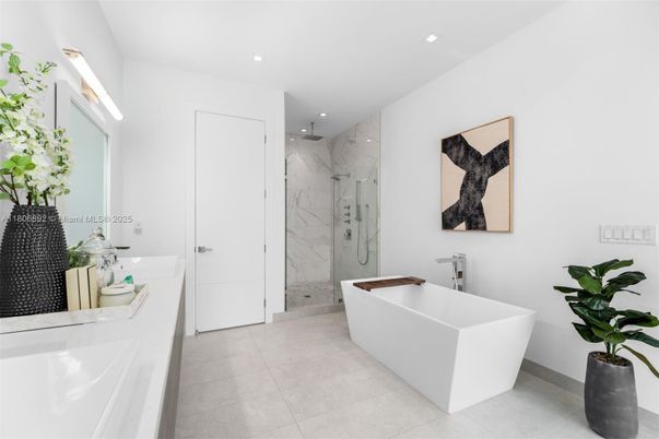 Bathroom, Free Standing Baths, Glass Shower, Interior, Marble Walls, Recessed Lighting