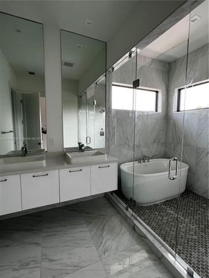 Bathroom, Dual Sink Vanities, Free Standing Baths, Glass Shower, Interior, Marble, Marble Walls