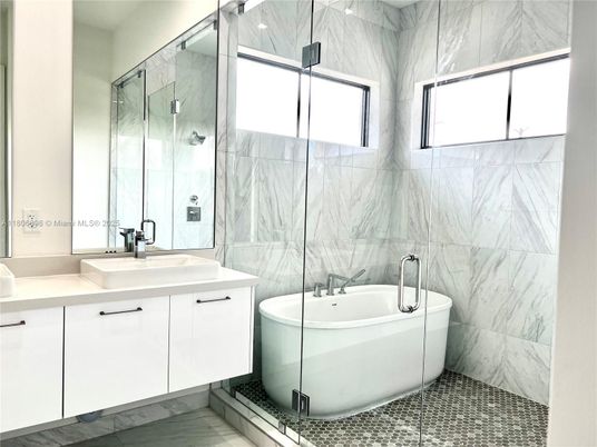 Bathroom, Dual Sink Vanities, Glass Shower, Interior, Marble Walls