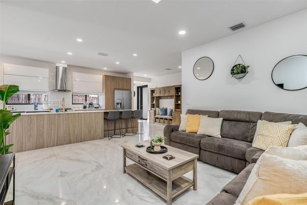 Interior, Kitchen, Living room, Marble, Recessed Lighting, Stainless Steel Appliances