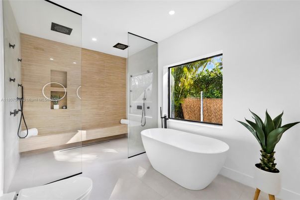 Bathroom, Free Standing Baths, Glass Shower, Interior, Recessed Lighting