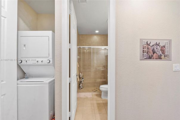 Bathroom, Glass Shower, Interior, Recessed Lighting, Utility Closets, Washer