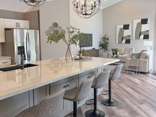 Chandelier, Interior, Kitchen, Living room, Stainless Steel Appliances, Wood Texture Flooring
