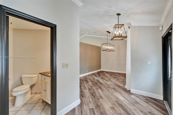 Bathroom, Interior, Pendant Lights, Recessed Lighting, Wood Texture Flooring
