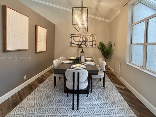 Dining room, Interior, Pendant Lights, Wood Texture Flooring