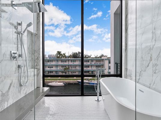 Bathroom, Free Standing Baths, Glass Shower, Interior, Marble Walls