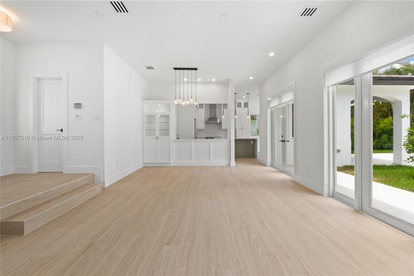 Empty room, Interior, Kitchen, Pendant Lights, Recessed Lighting, Wood Texture Flooring