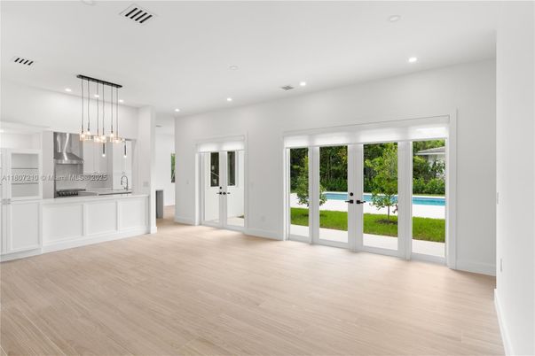 Empty room, Interior, Kitchen, Pendant Lights, Recessed Lighting, Wood Texture Flooring