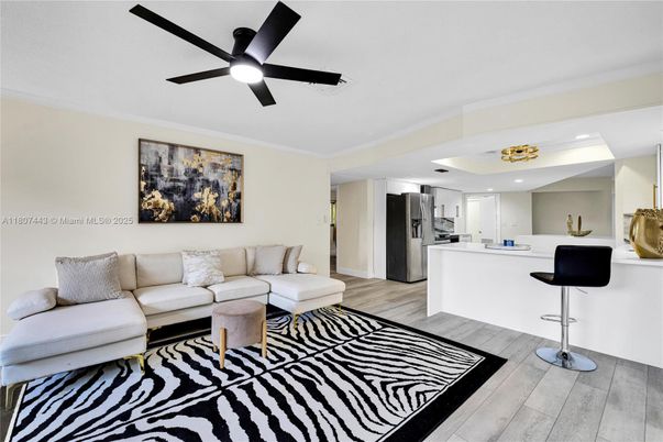 Interior, Kitchen, Living room, Recessed Lighting, Stainless Steel Appliances, Wood Texture Flooring