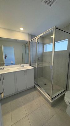 Bathroom, Dual Sink Vanities, Glass Shower, Interior, Recessed Lighting