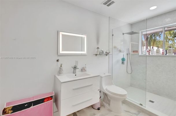 Bathroom, Glass Shower, Interior, Marble, Recessed Lighting