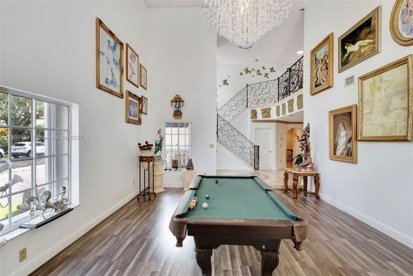 Billiard Table, Chandelier, Game Room, Interior, Wood Texture Flooring