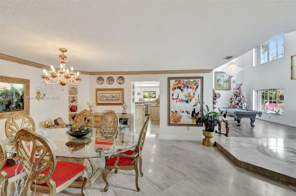 Billiard Table, Chandelier, Dining room, Fireplace, Game Room, Interior