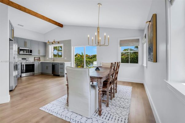 Dining room, Interior, Kitchen, Pendant Lights, Stainless Steel Appliances, Wooden Beams, Wood Texture Flooring